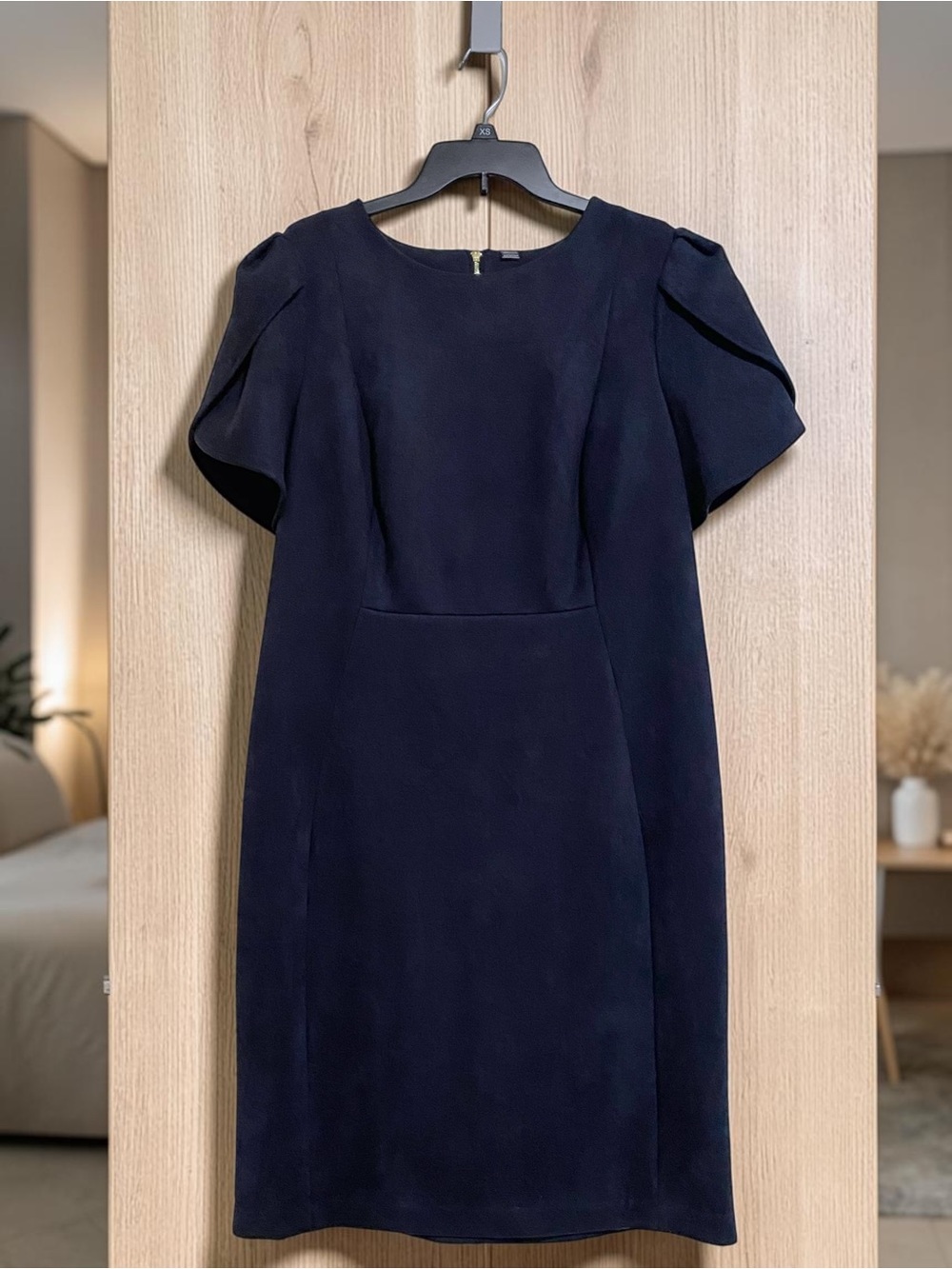 Calvin Klein Navy Faux Suede Short Sleeve Sheath Dress Tulip Sleeve 16 W